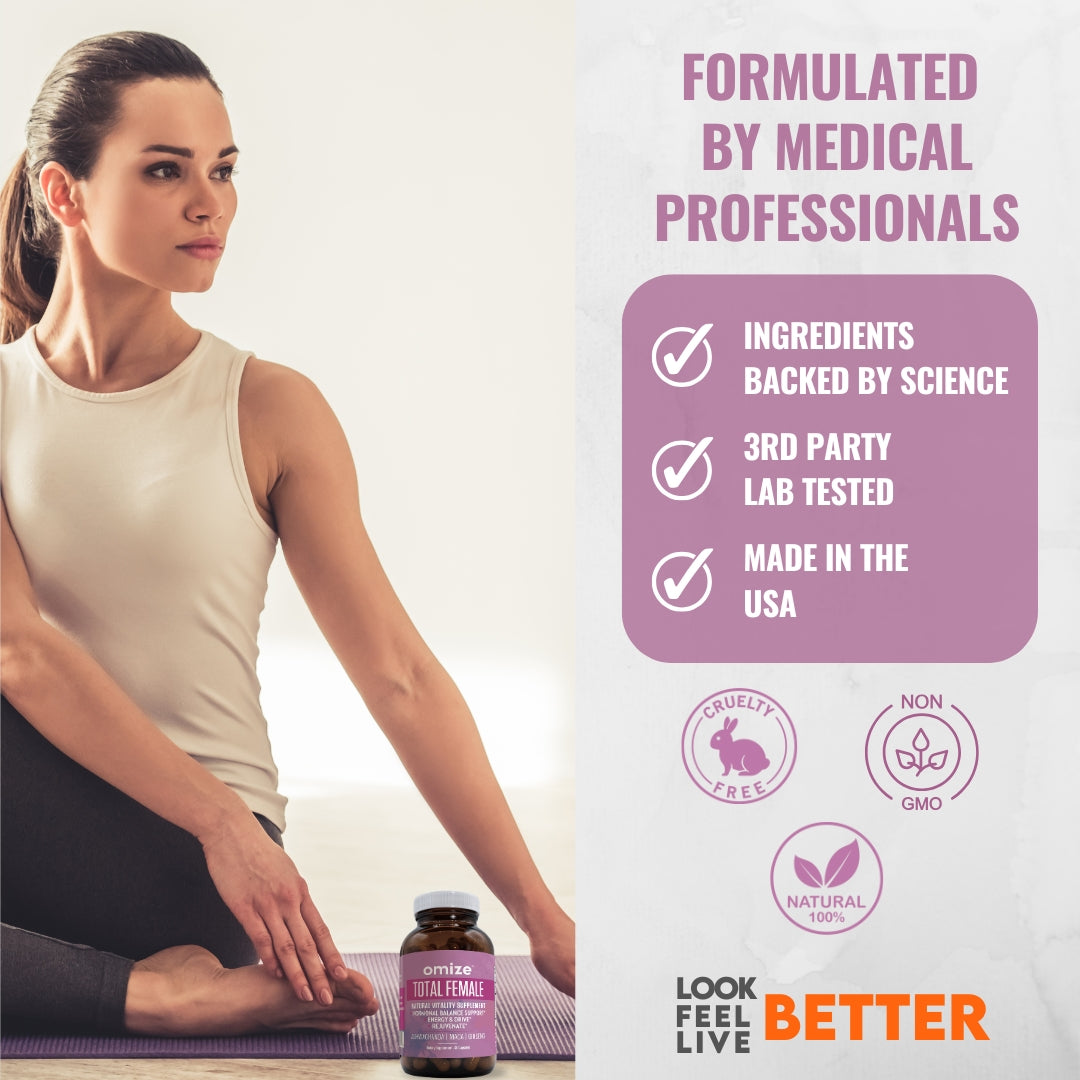 Packaging of Premium Feminine Balance Gummies with customer review images and text.
